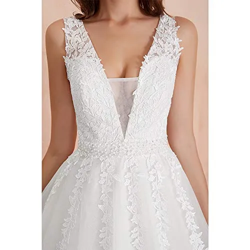 Abaowedding Women's Wedding Dress for Bride Lace Applique Evening Dress V Neck Straps Ball Gowns White US 26 Plus