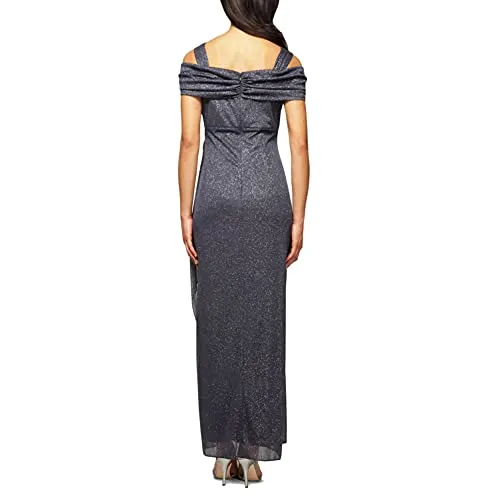 Alex Evenings Women's Long Cold Shoulder Dress Regular Sizes, Smoke Glitter, 12 Petite