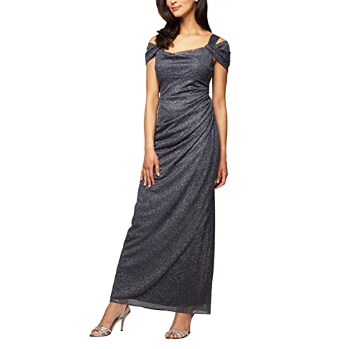 Alex Evenings Women's Long Cold Shoulder Dress Regular Sizes, Smoke Glitter, 12 Petite