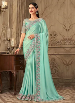 Aqua Blue Embroidered Silk Saree