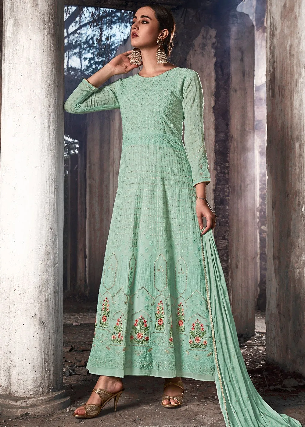 Aqua Blue Lucknowi Anarkali Suit