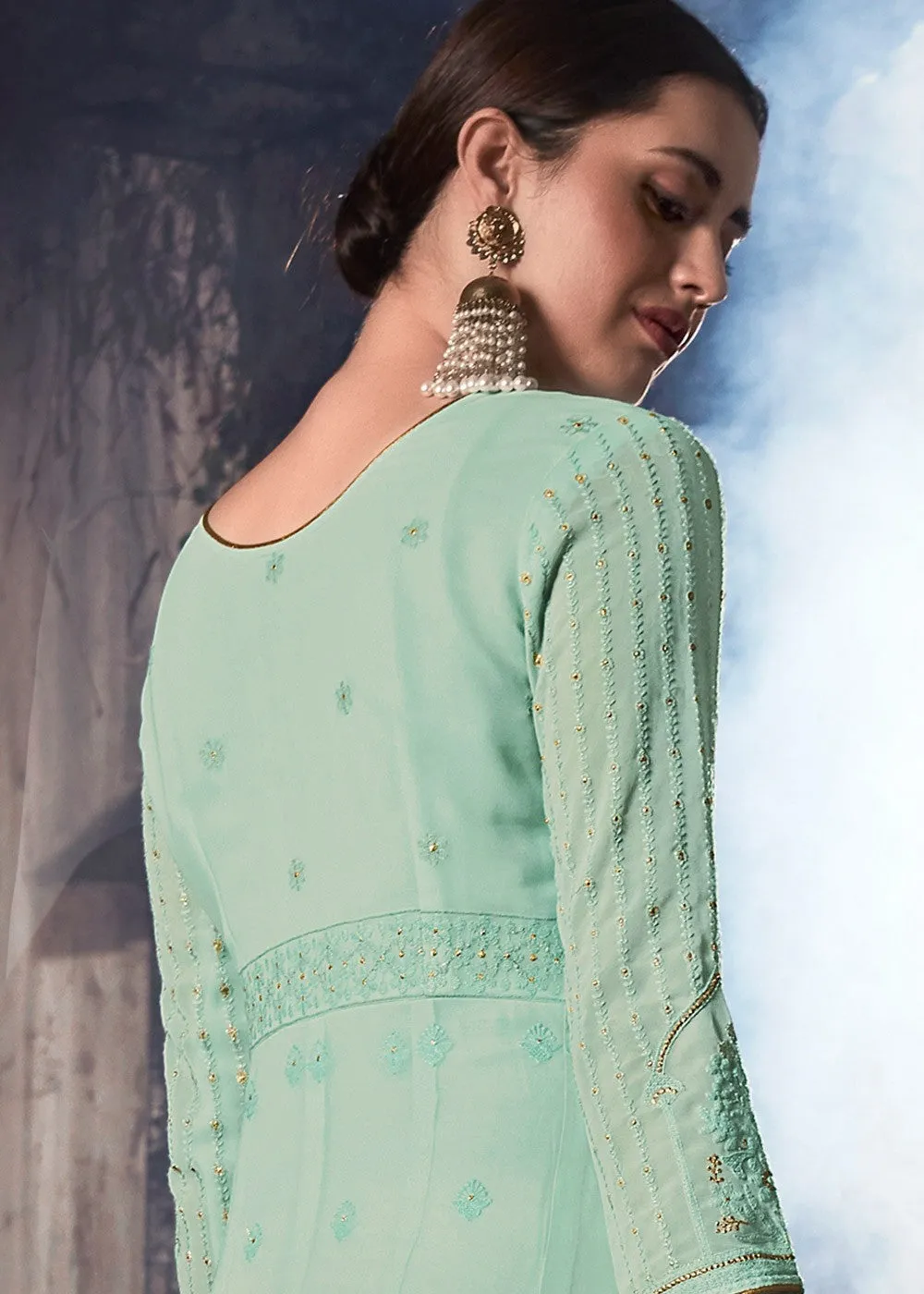 Aqua Blue Lucknowi Anarkali Suit