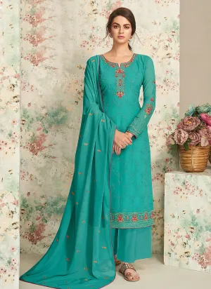 Aqua Blue Multi Embroidered Palazzo Suit