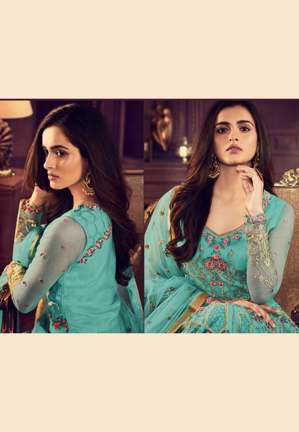 Aqua Blue Traditional Embroidered Anarkali Suit