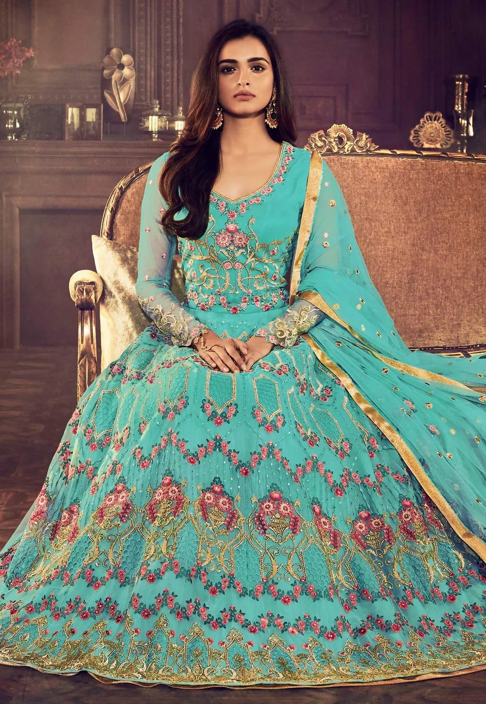 Aqua Blue Traditional Embroidered Anarkali Suit