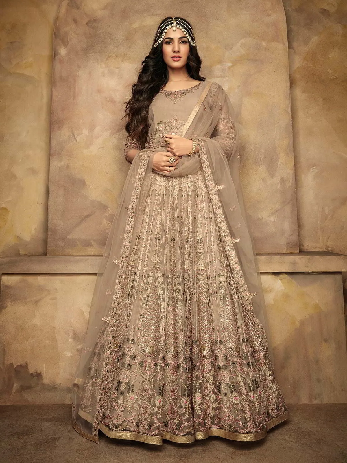 Beige And Pink Floral Embroidered Designer Anarkali Suit