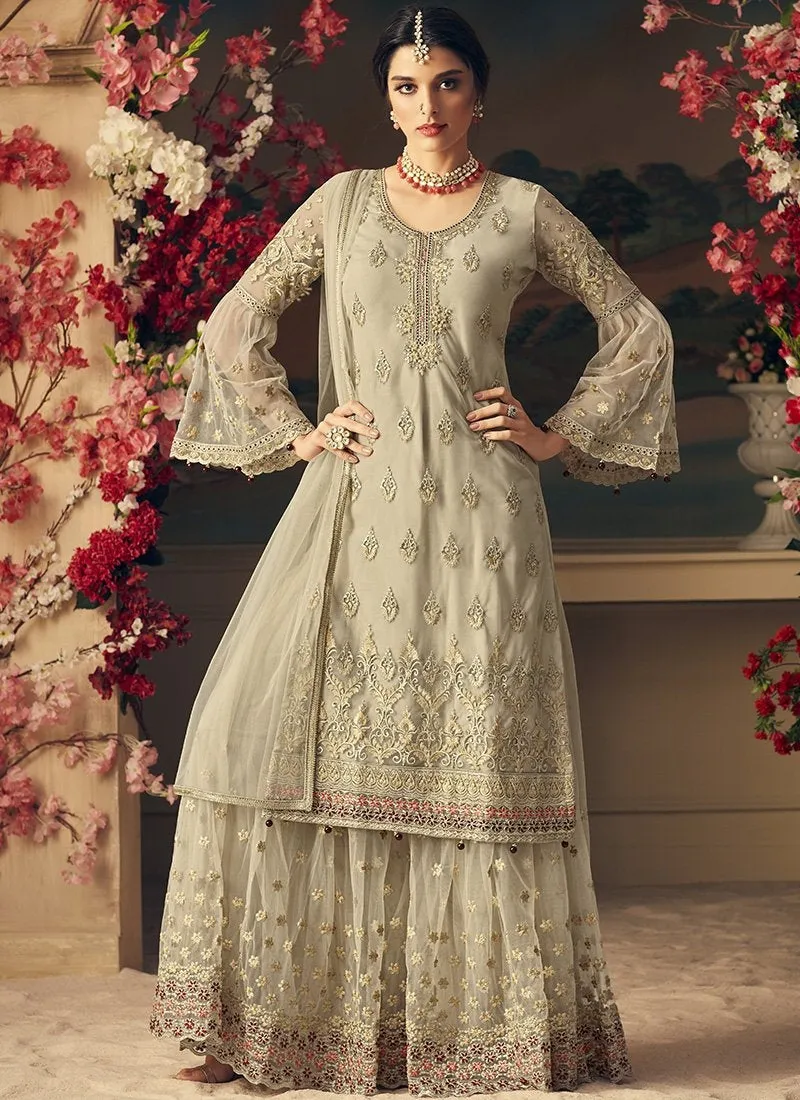 Beige Bling Multi Embroidered Flared Sharara Suit