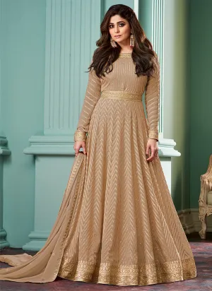 Beige Golden Embroidered Anarkali Dress For Wedding