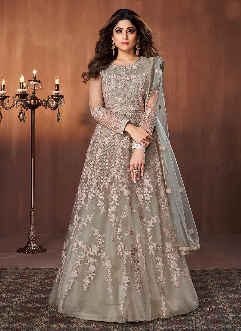 Beige Golden Embroidered Festive Anarkali Suit