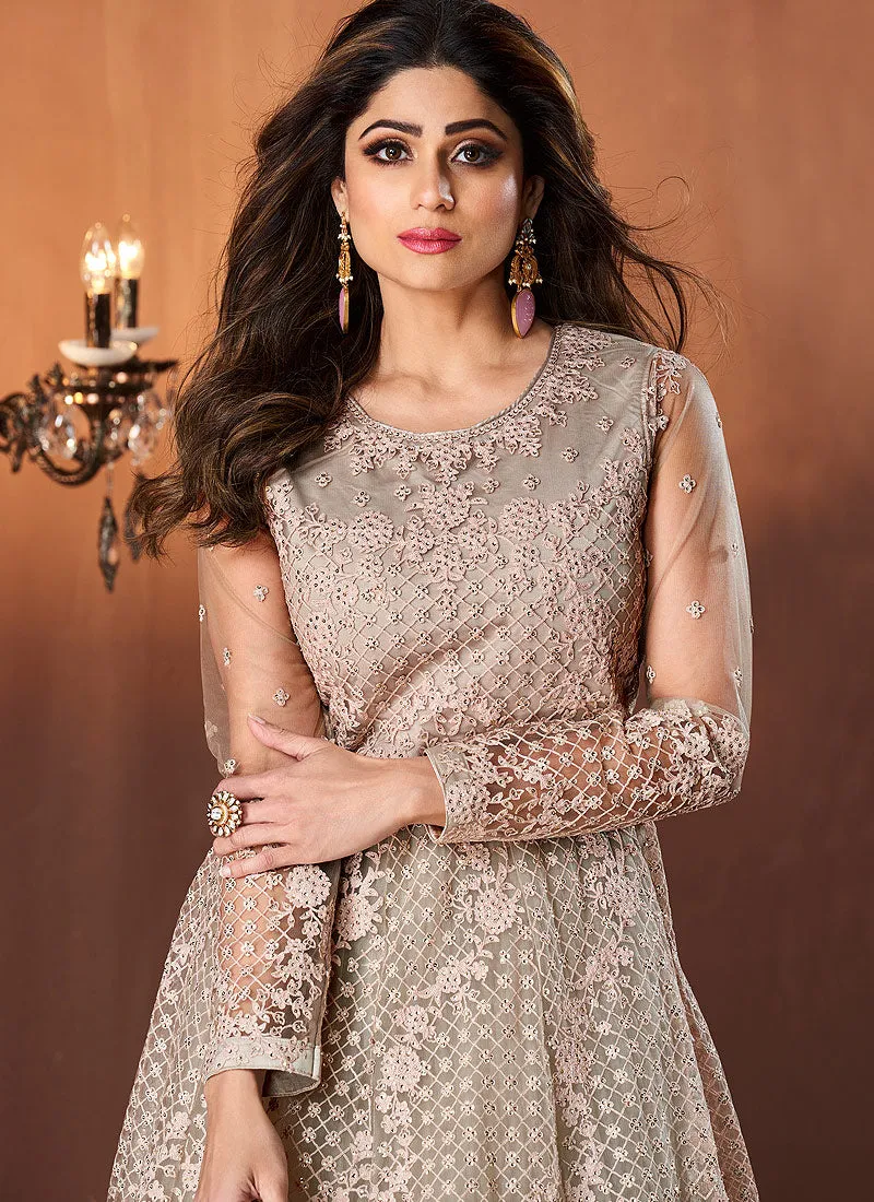 Beige Golden Embroidered Festive Anarkali Suit