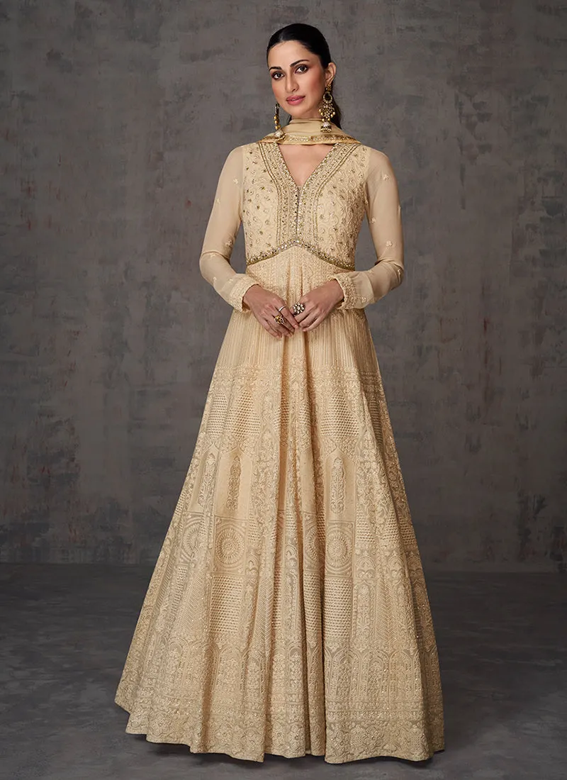 Beige Sequence And Mirror Work Embroidery Anarkali Gown