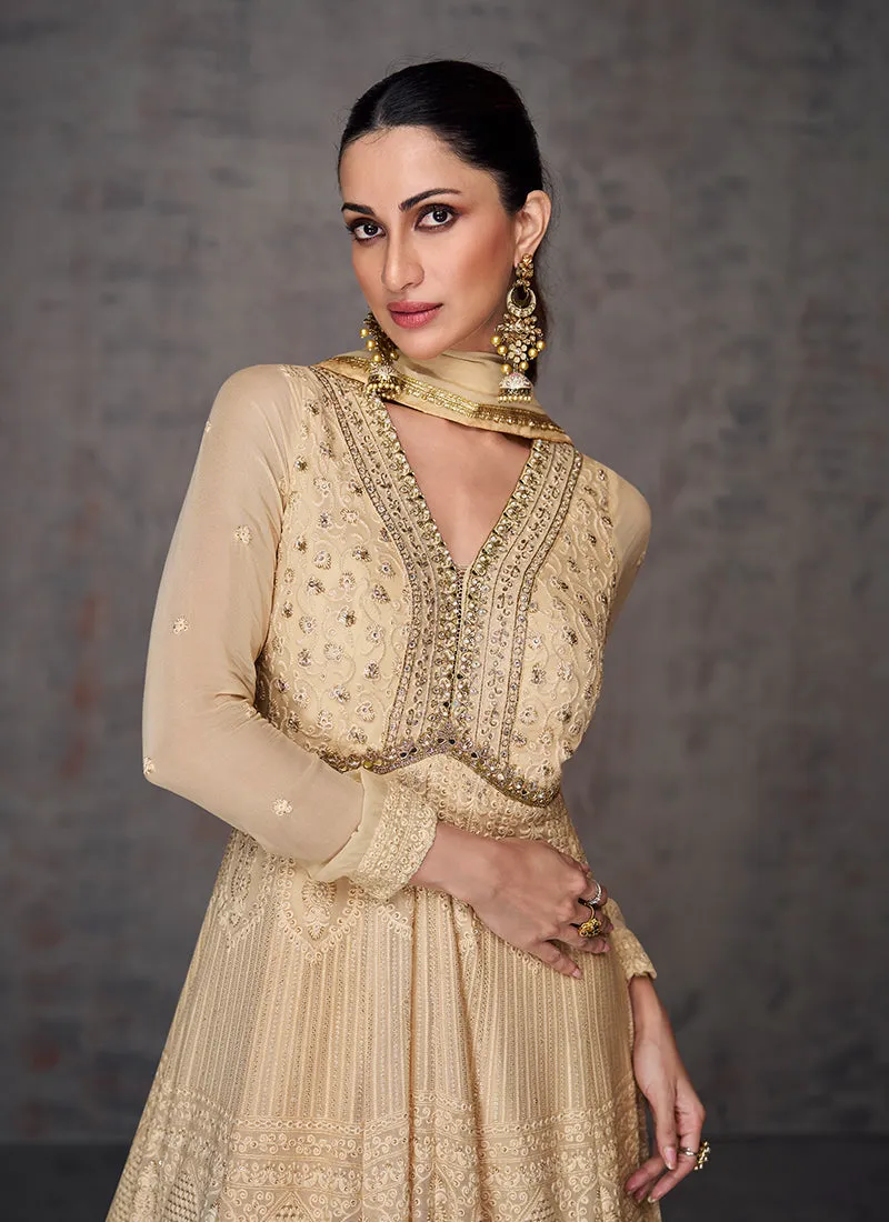 Beige Sequence And Mirror Work Embroidery Anarkali Gown