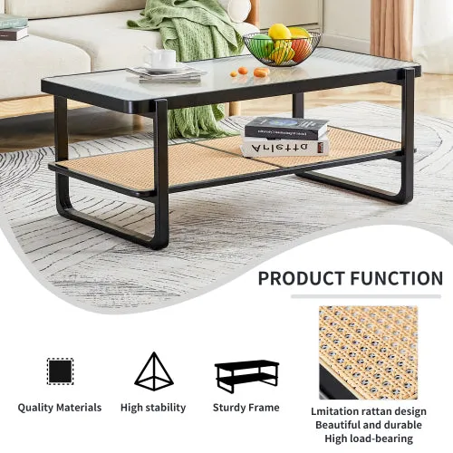 Bellemave® Modern Minimalist Rectangular Double Layer Black Solid Wood Imitation Rattan Coffee Table with Craft Glass Table Top