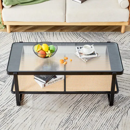 Bellemave® Modern Minimalist Rectangular Double Layer Black Solid Wood Imitation Rattan Coffee Table with Craft Glass Table Top