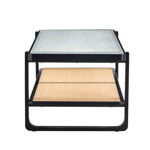 Bellemave® Modern Minimalist Rectangular Double Layer Black Solid Wood Imitation Rattan Coffee Table with Craft Glass Table Top