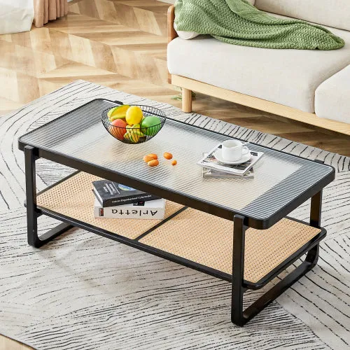 Bellemave® Modern Minimalist Rectangular Double Layer Black Solid Wood Imitation Rattan Coffee Table with Craft Glass Table Top