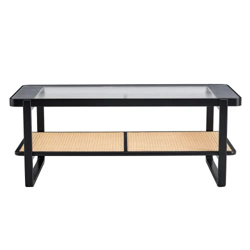 Bellemave® Modern Minimalist Rectangular Double Layer Black Solid Wood Imitation Rattan Coffee Table with Craft Glass Table Top