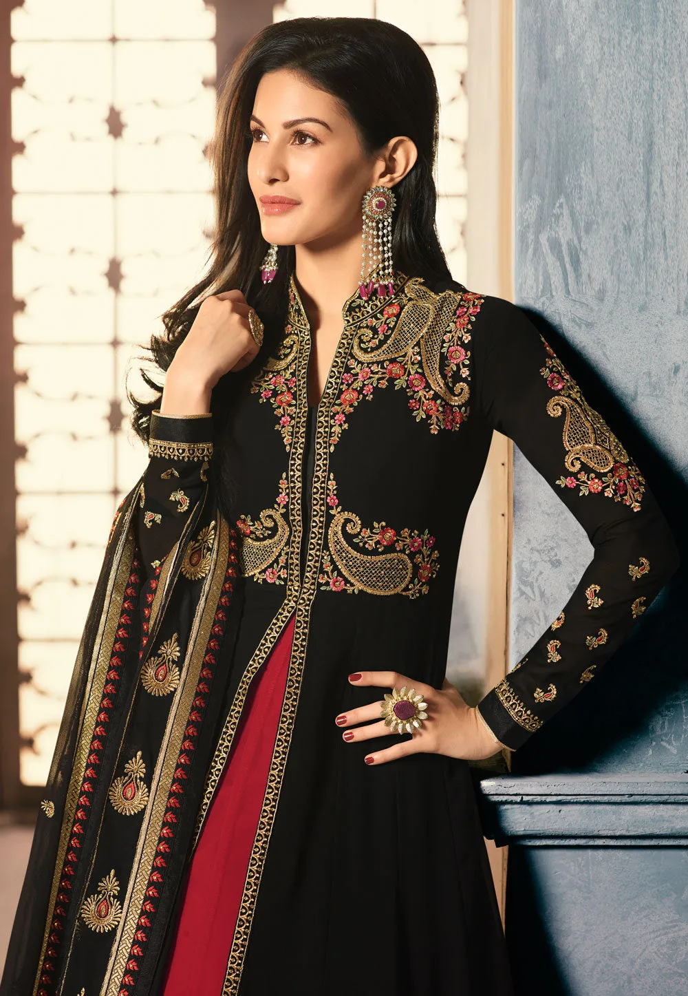 Black And Red Embroidered Anarkali Lehenga Suit