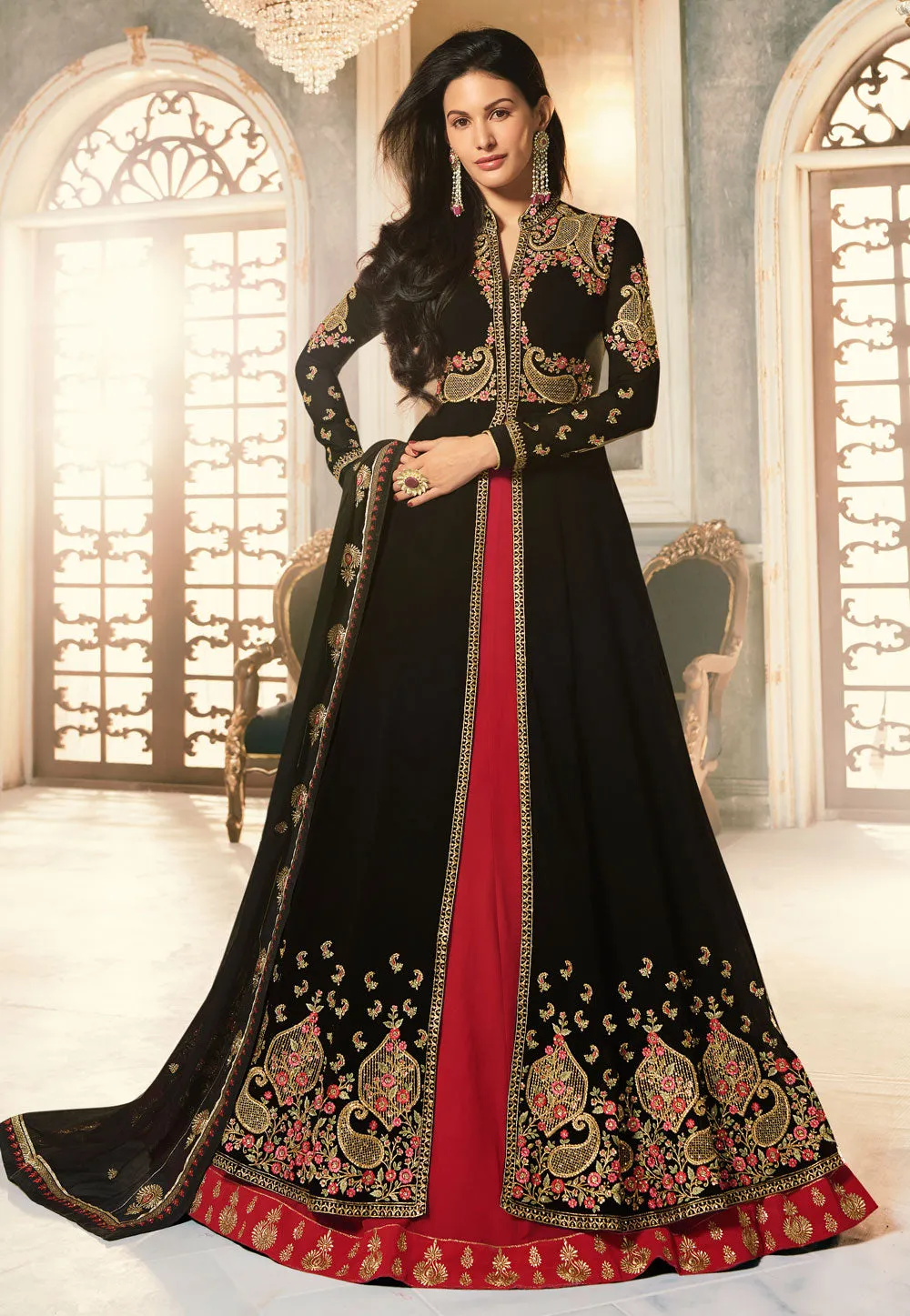 Black And Red Embroidered Anarkali Lehenga Suit