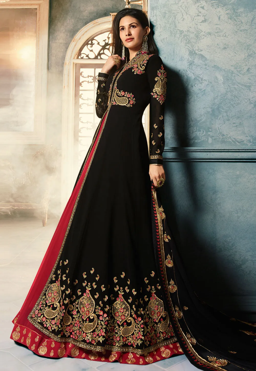 Black And Red Embroidered Anarkali Lehenga Suit