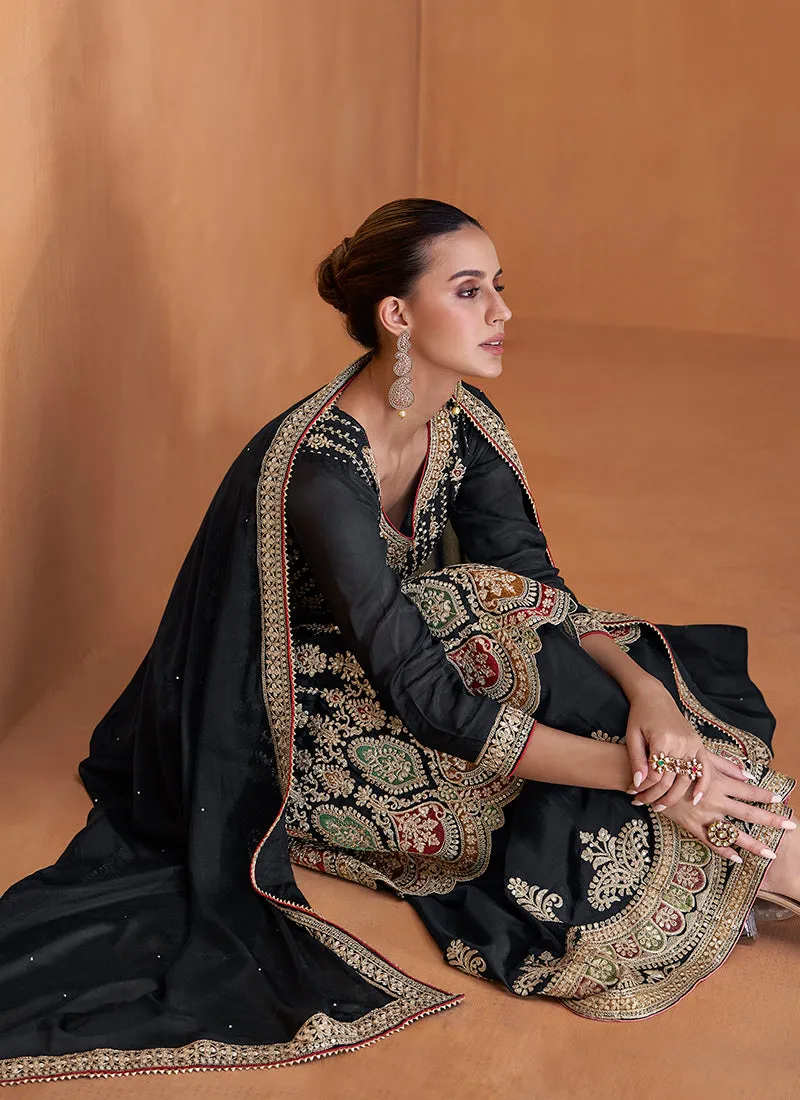 Black Designer Embroidery Wedding Gharara Suit