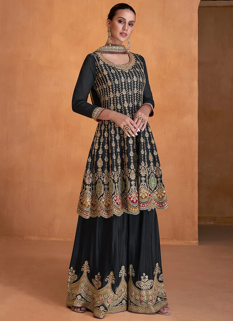 Black Designer Embroidery Wedding Gharara Suit