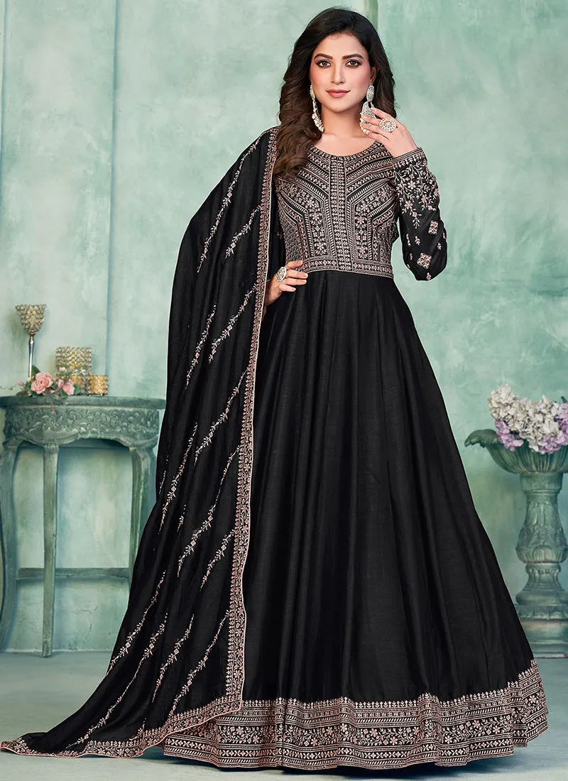 Black Embroidery Traditional Silk Anarkali Suit