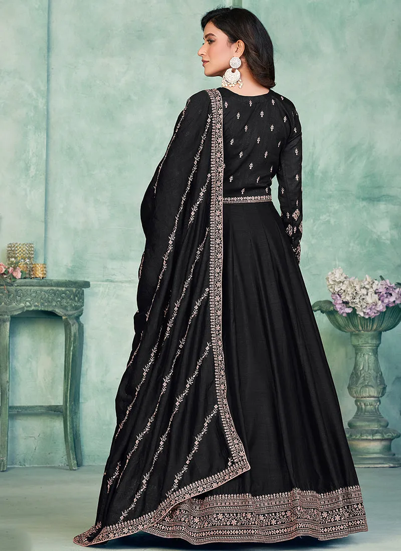 Black Embroidery Traditional Silk Anarkali Suit