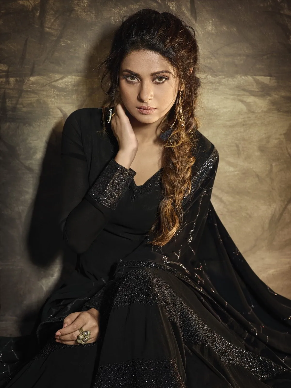 Black Golden Detail Embroidered Anarkali Gown