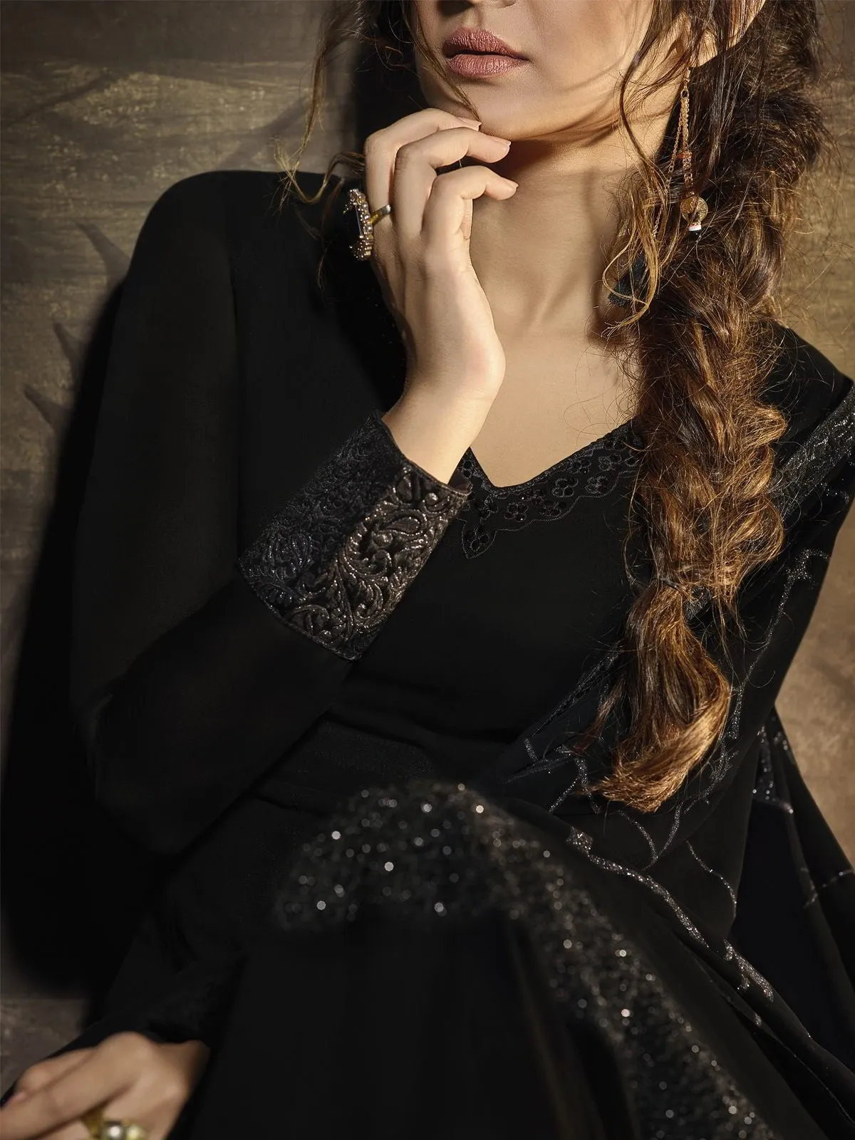 Black Golden Detail Embroidered Anarkali Gown