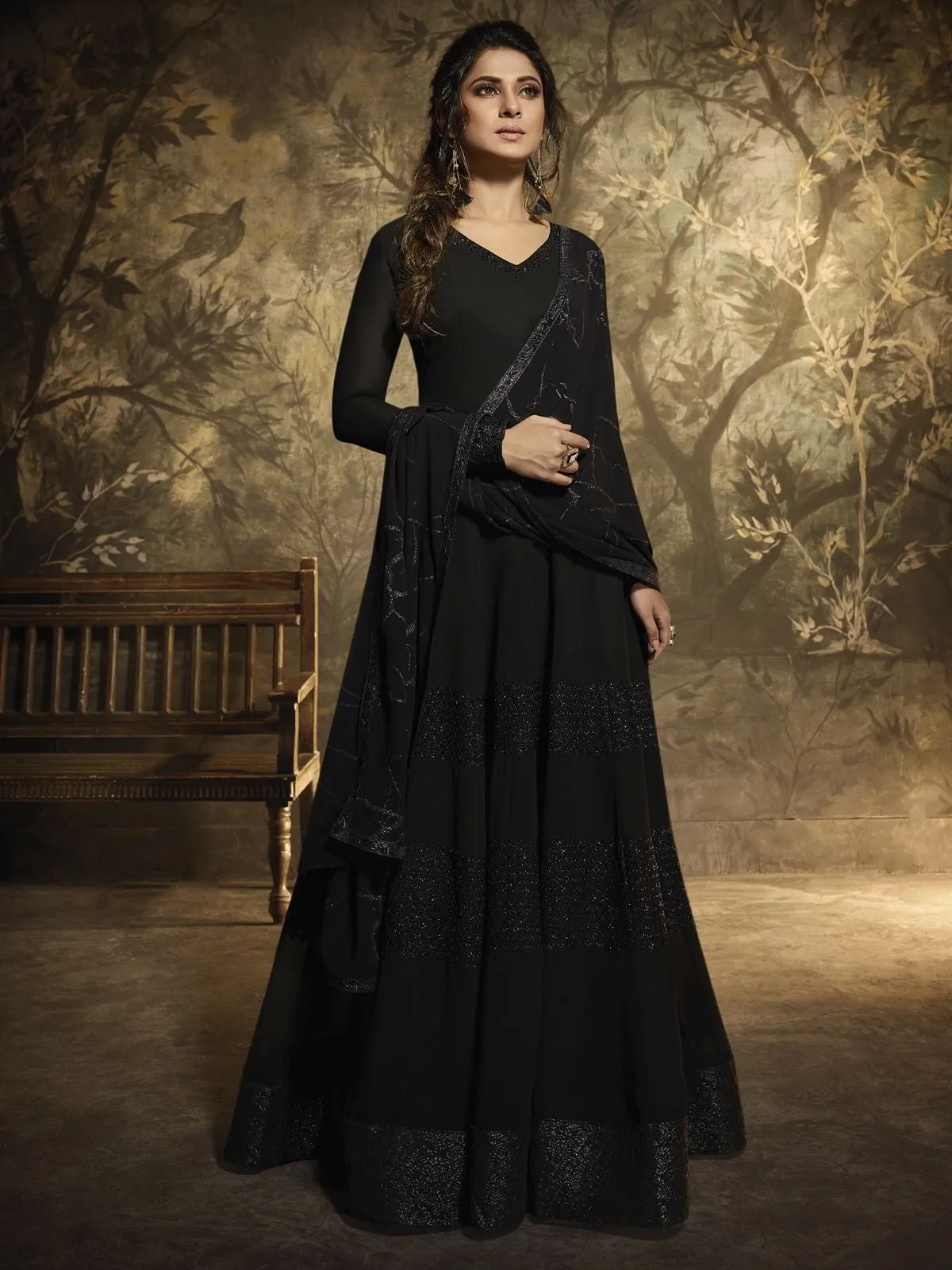 Black Golden Detail Embroidered Anarkali Gown