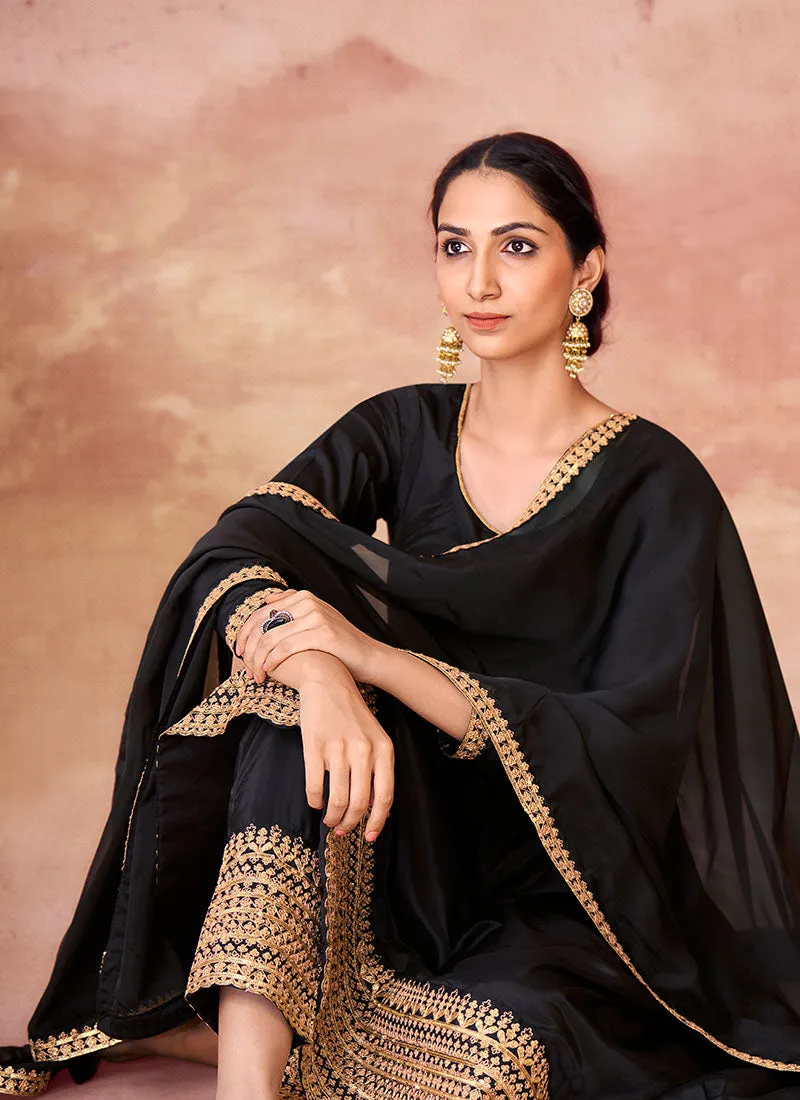 Black Golden Traditional Embroidery Anarkali Pant Suit