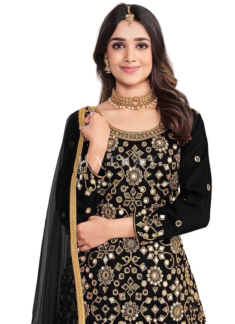 Black Mirror Work Embroidery Patiala Salwar Kameez