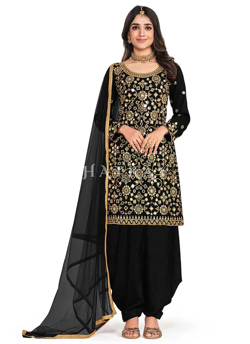 Black Mirror Work Embroidery Patiala Salwar Kameez