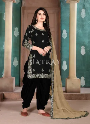 Black Mirror Work Silk Punjabi Patiala Suit