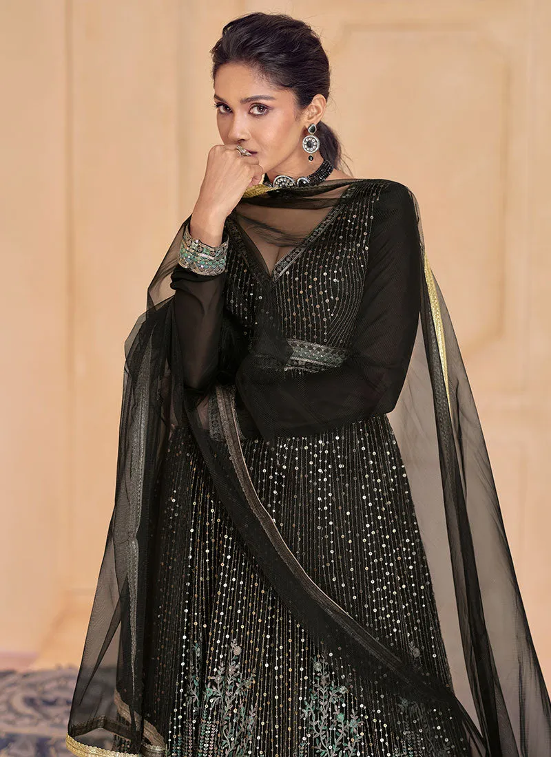 Black Multi Thread And Sequence Embroidery Anarkali Gown