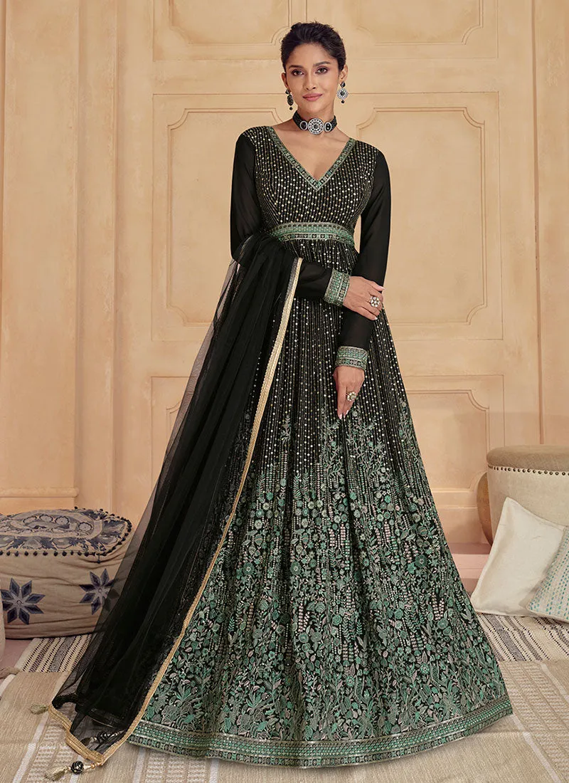 Black Multi Thread And Sequence Embroidery Anarkali Gown