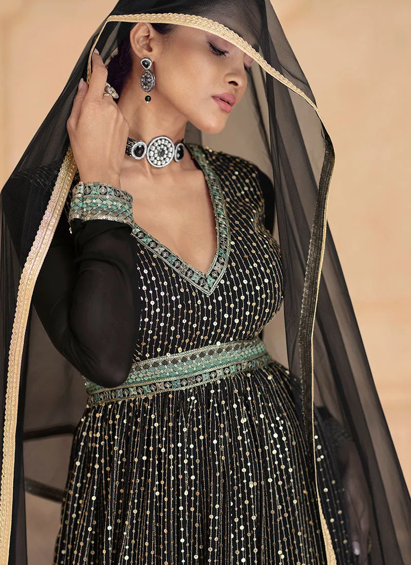 Black Multi Thread And Sequence Embroidery Anarkali Gown