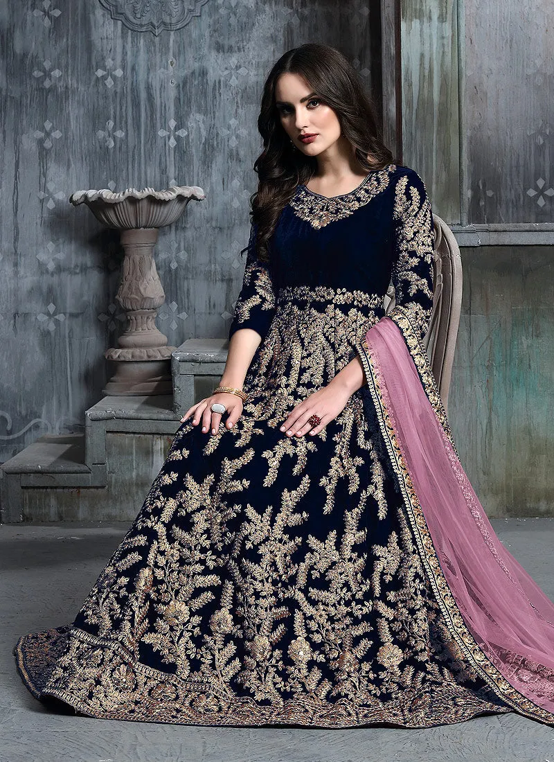 Blue And Pink Embroidered Indian Anarkali Suit