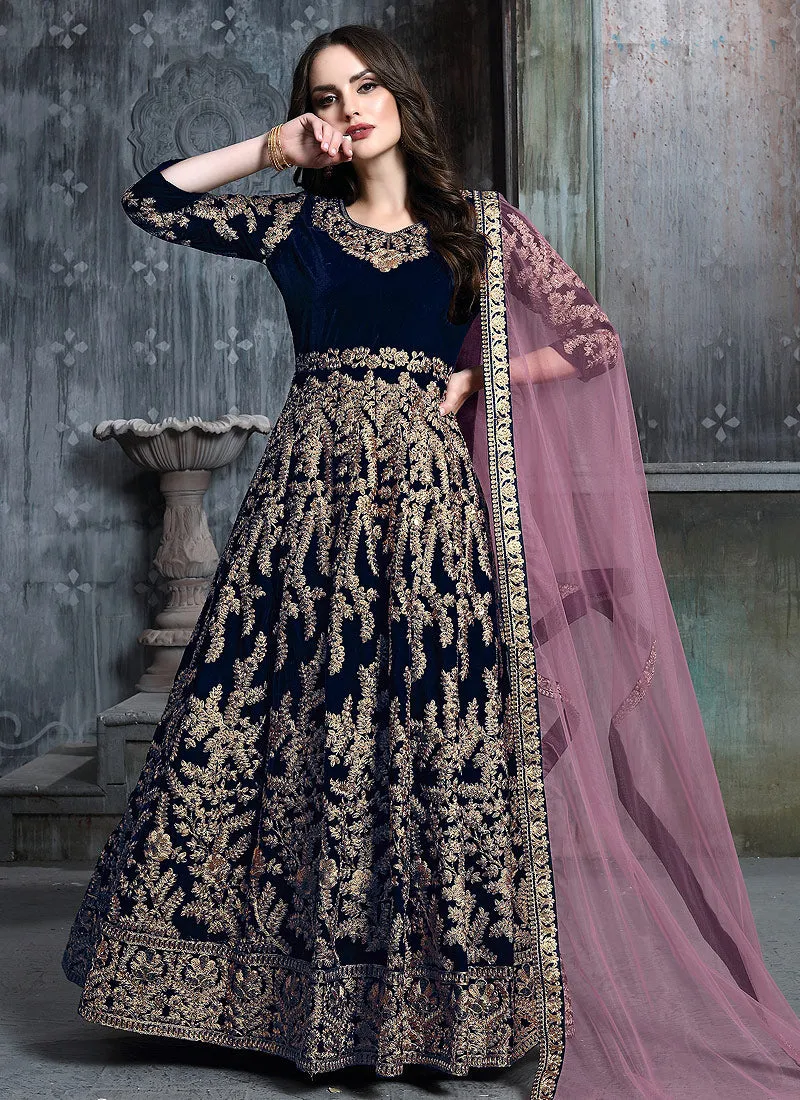 Blue And Pink Embroidered Indian Anarkali Suit