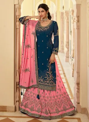 Blue And Pink Multi Embroidered Lehenga Suit