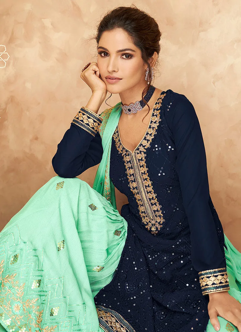 Blue And Sea Green Badla Embroidered Sharara Style Suit