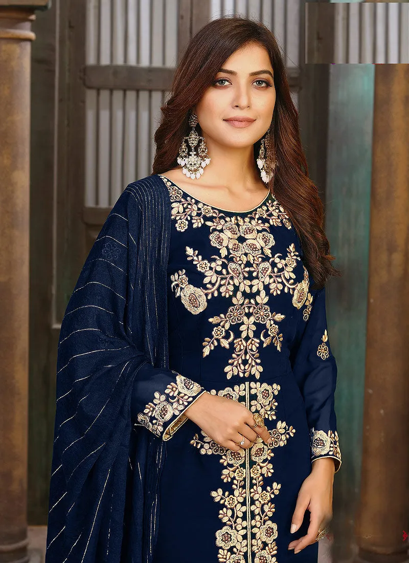 Blue Embroidery Party Wear Pant Style Suit