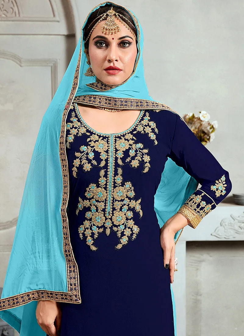 Blue Golden Embroidered Pakistani Palazzo Suit