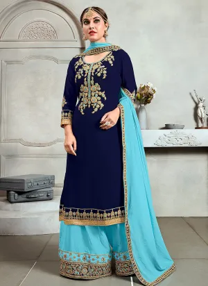 Blue Golden Embroidered Pakistani Palazzo Suit