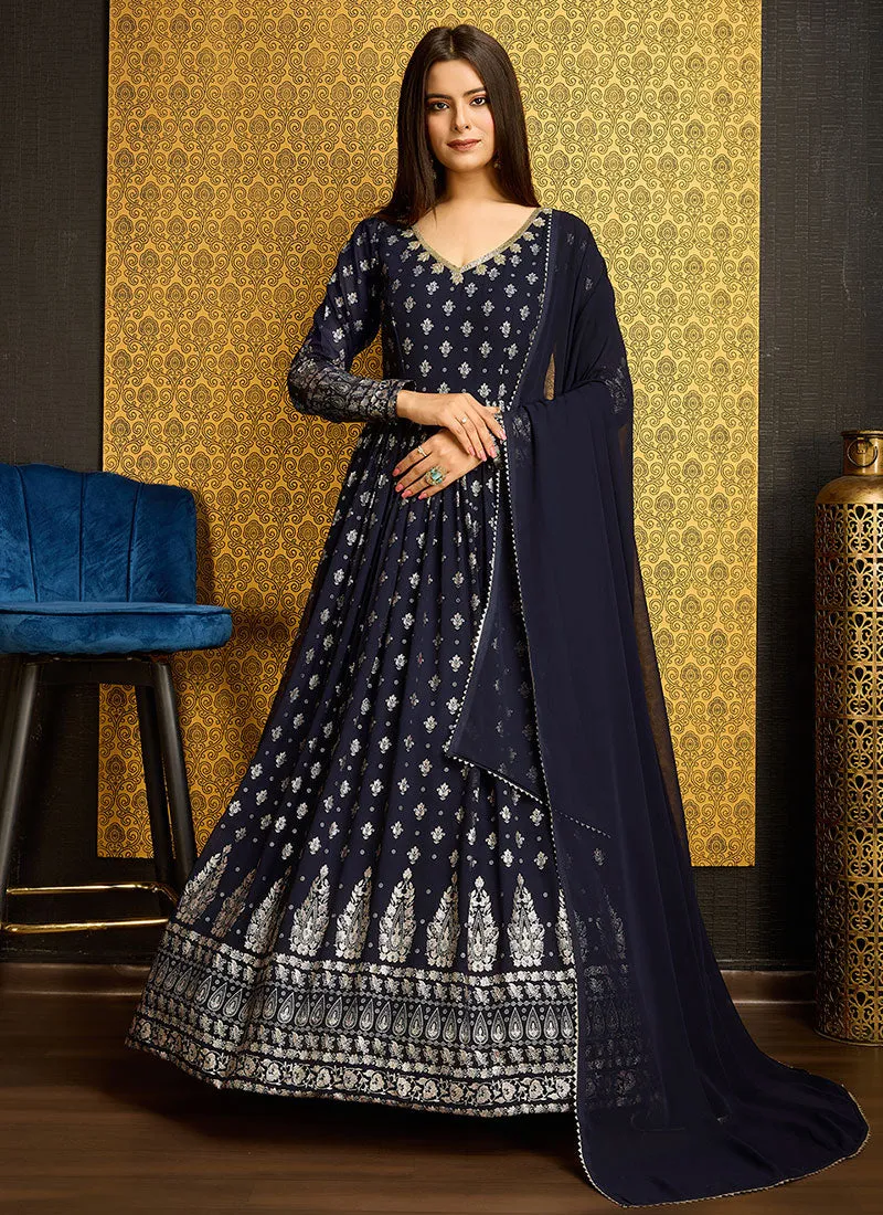 Blue Golden Foil Printed Anarkali Gown With Dupatta