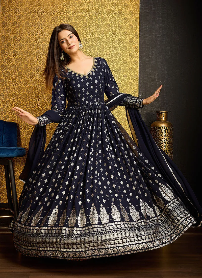 Blue Golden Foil Printed Anarkali Gown With Dupatta