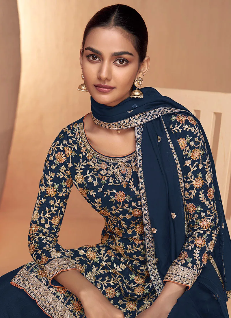 Blue Multi Embroidery Gharara Style Palazzo Suit