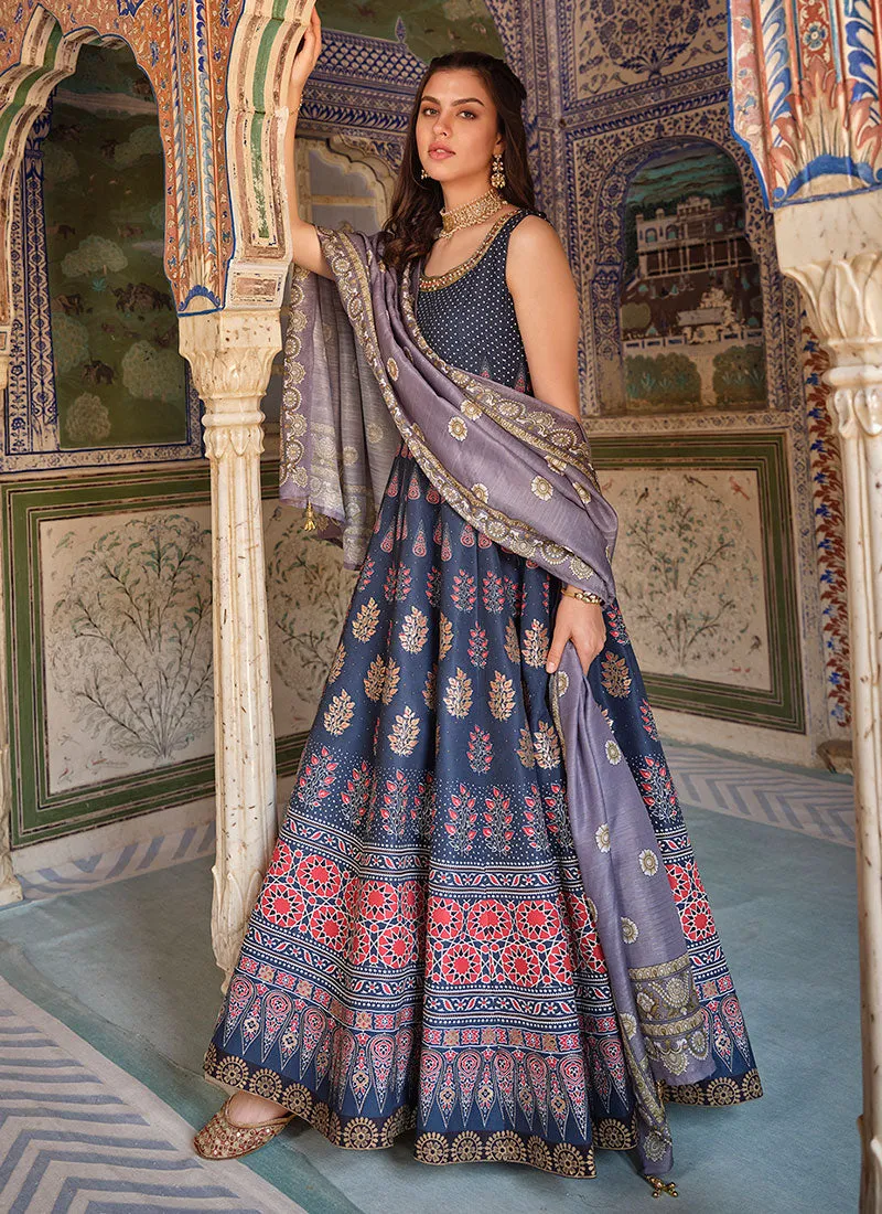 Blue Stone Work Embroidery Ajrakh Printed Anarkali Gown