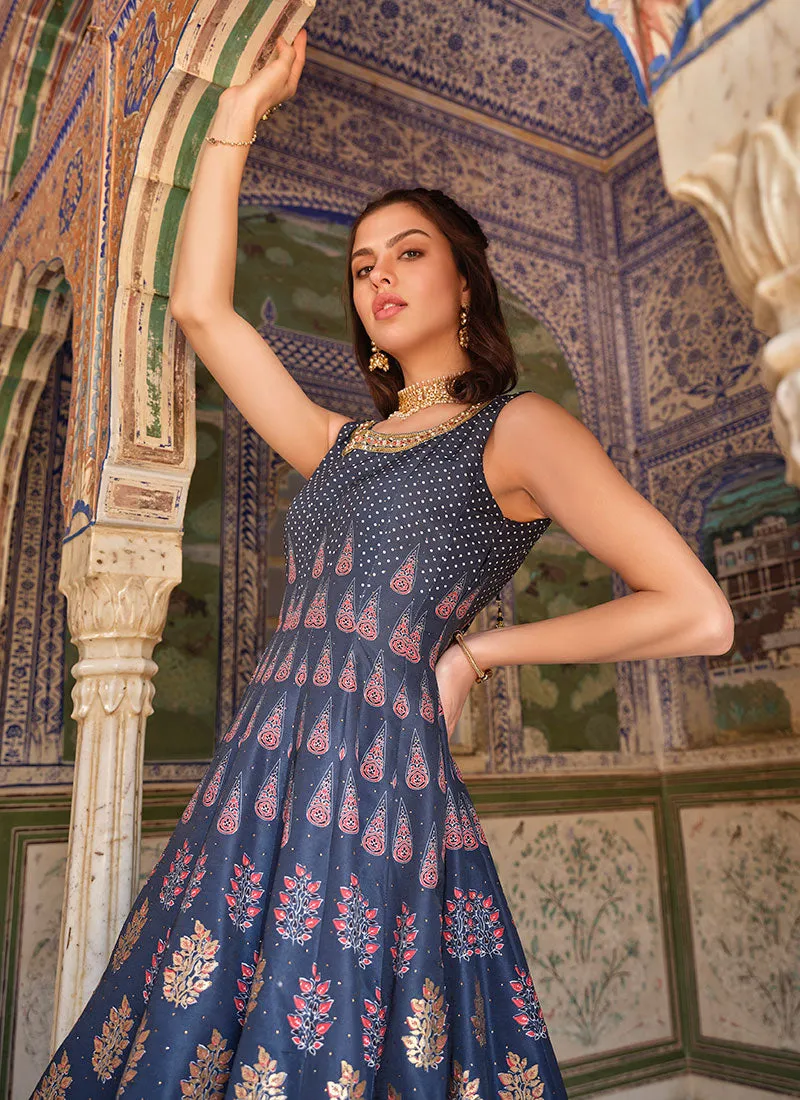 Blue Stone Work Embroidery Ajrakh Printed Anarkali Gown